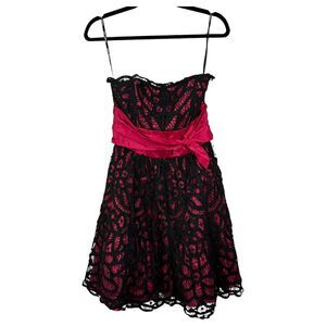 Betsey Johnson Vintage Y2K Black Hot Pink Lace Bow Mini Dress Size 8
